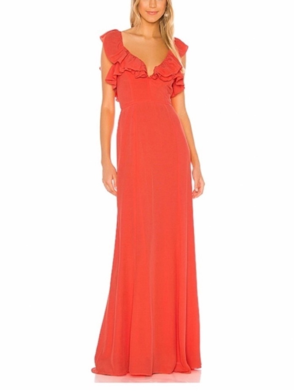 Lovers and Friends Ruffled V-Neck Maxi Dress in Coral Red - Women
